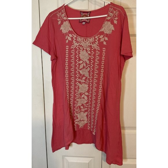 Johnny Was Coral Pink Embroidered Tunic Top Dress Blouse Boho Size Large - Picture 1 of 4
